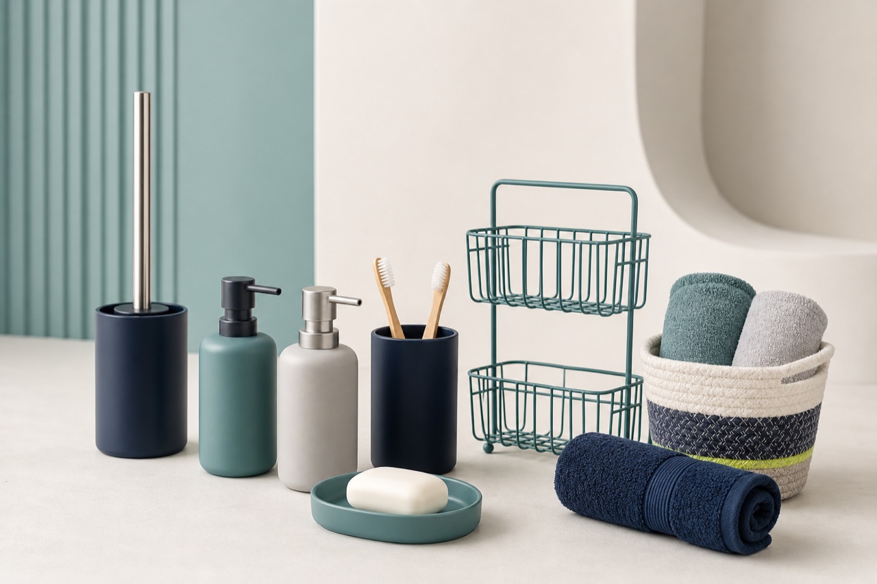 Representative unbranded bathroom accessories arranged for a trade range