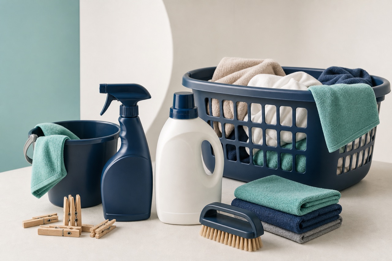 Representative unbranded cleaning and laundry goods arranged for a trade range
