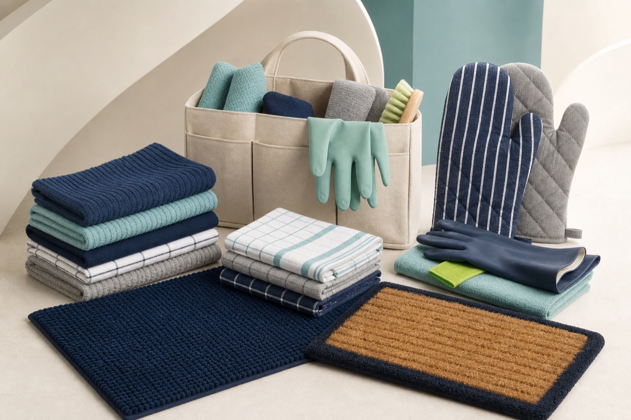 Representative unbranded home textiles and utility goods arranged for a trade range