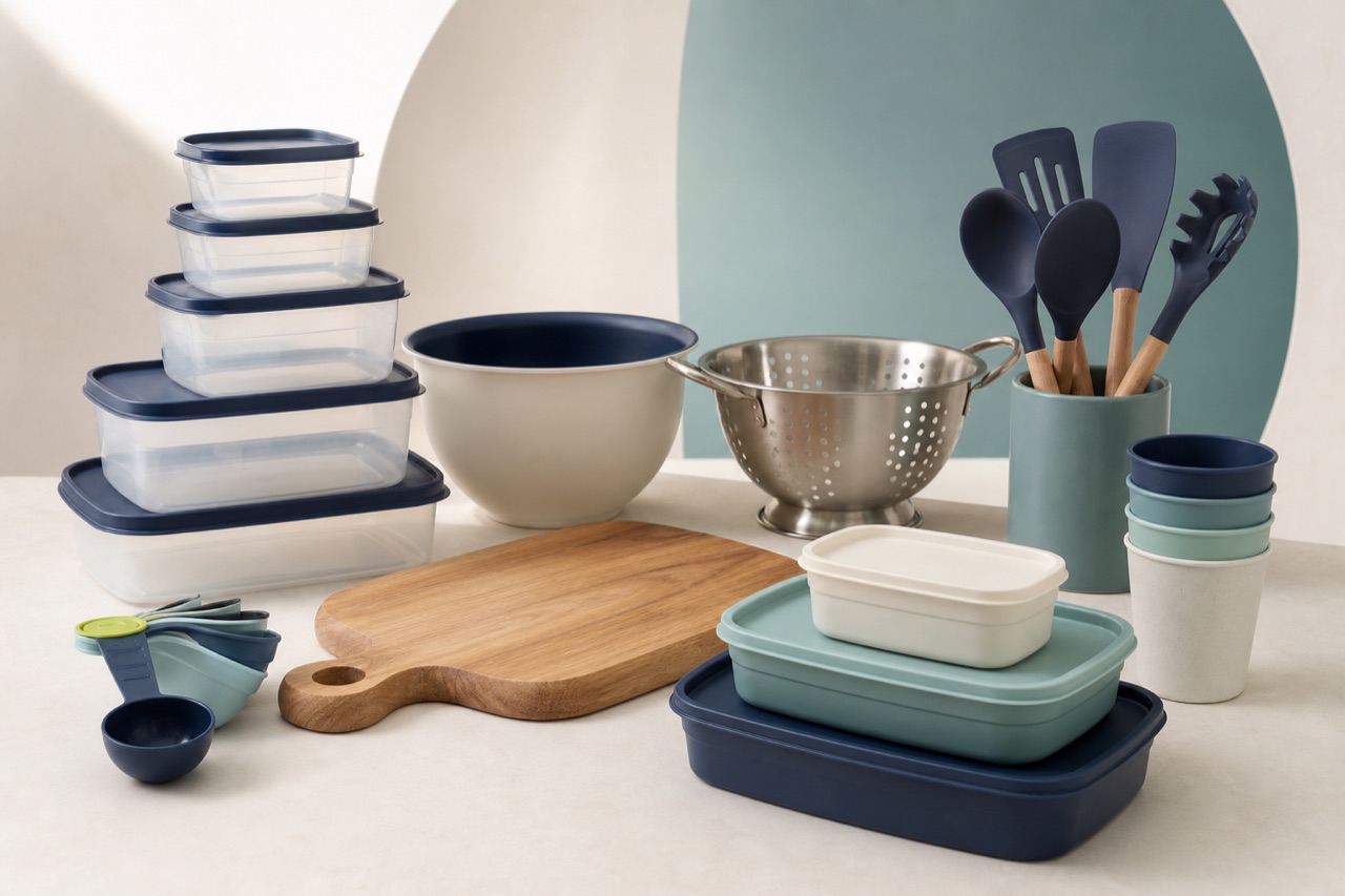 Representative unbranded kitchen and dining goods arranged for a trade range