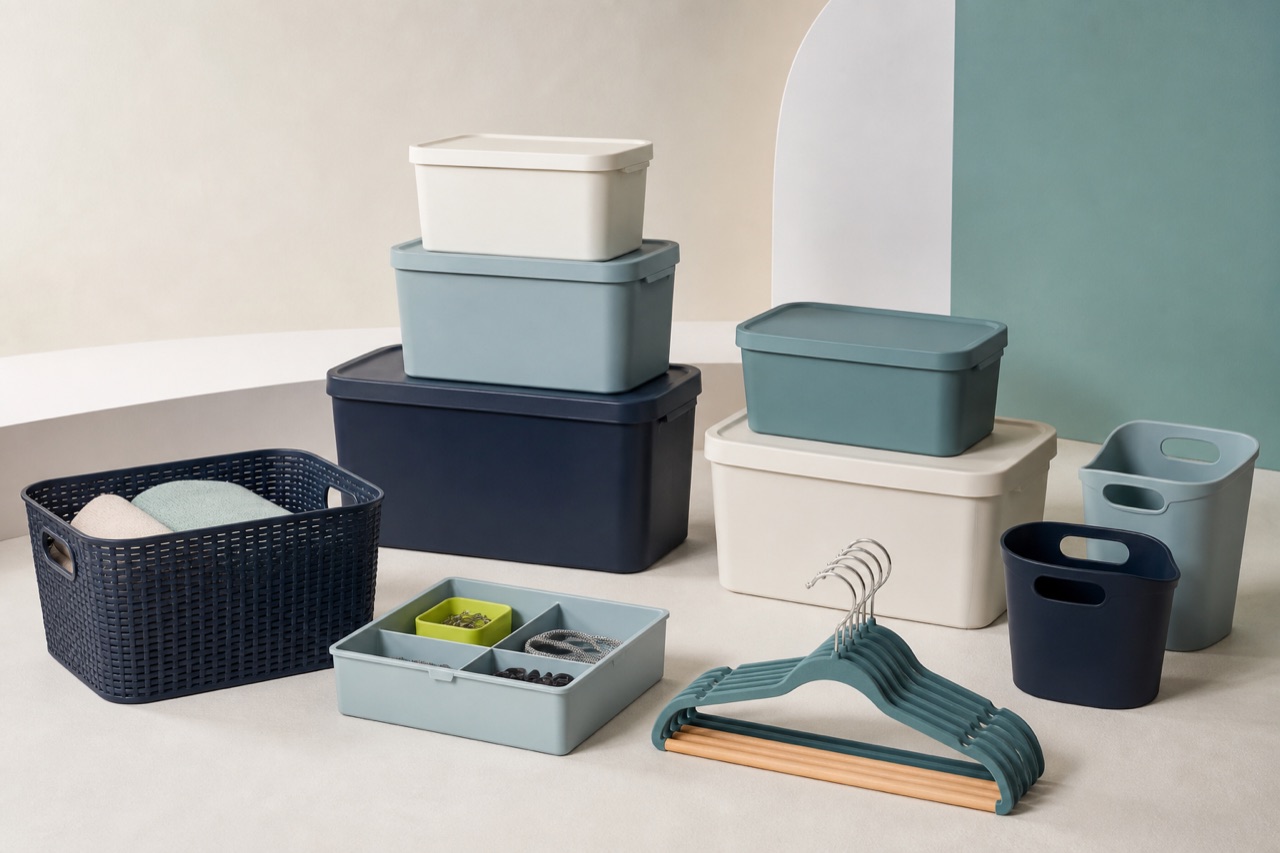 Representative unbranded storage and organisation goods arranged for a trade range