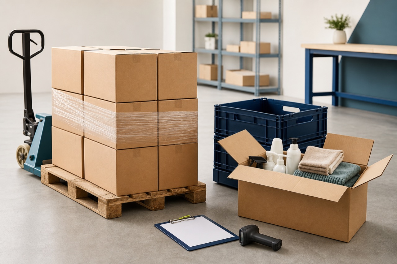 Representative trade workspace with unbranded household goods prepared for fulfilment